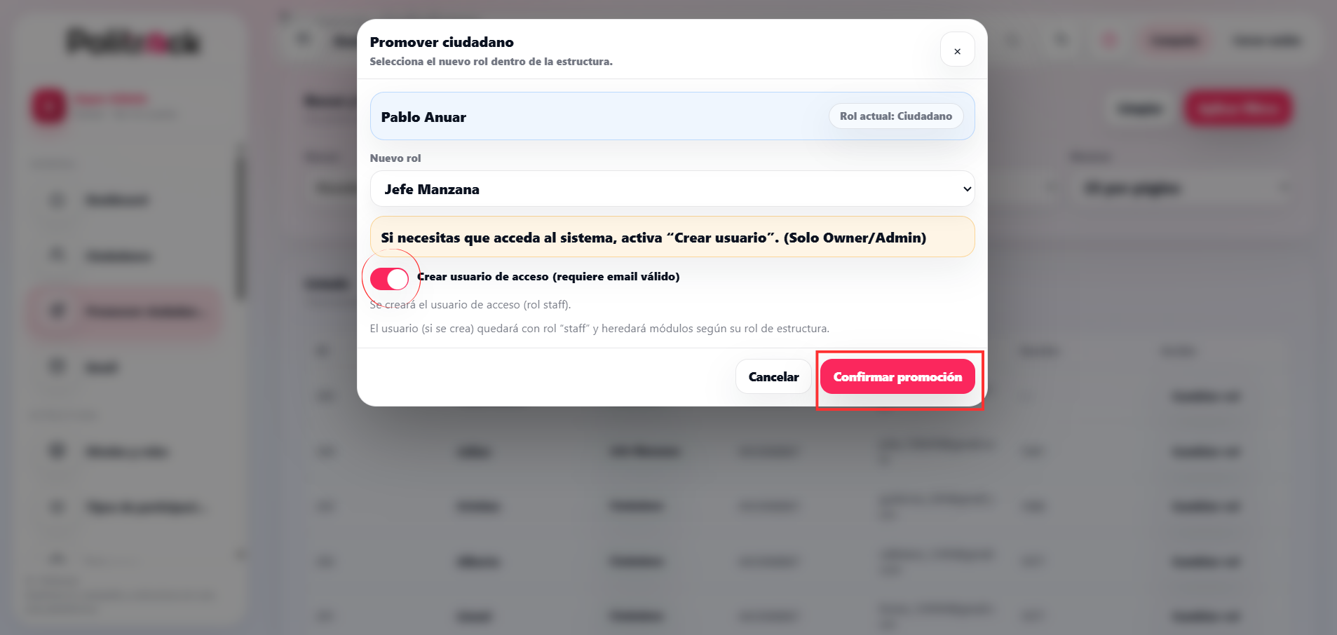 asignar ciudadano a la estructura